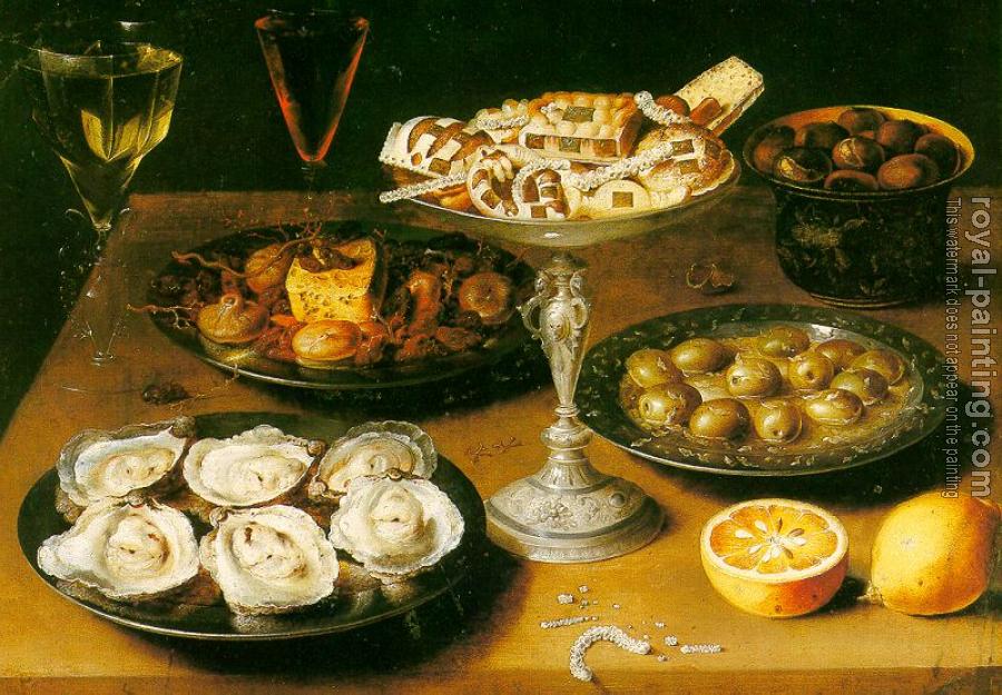Osias Beert : Graphic Still-Life with Oysters and Pastries